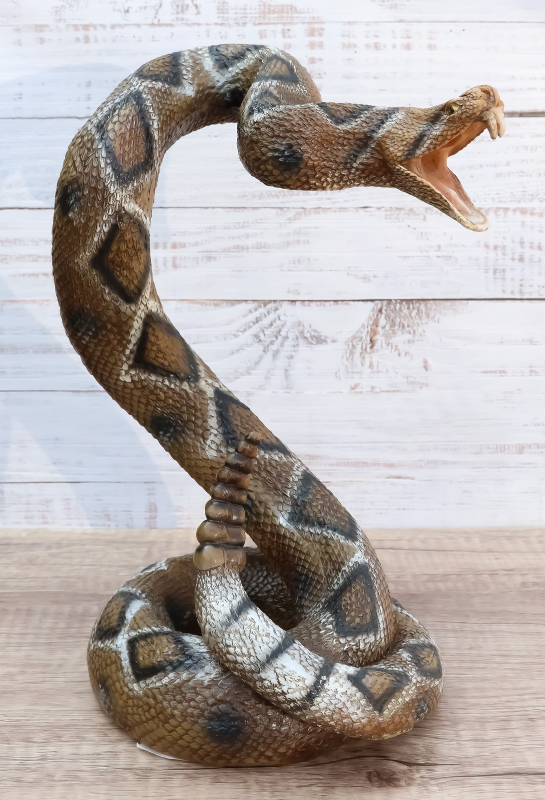 Realistic Attacking Coiled Diamondback Rattlesnake With Fangs Bared Figurine