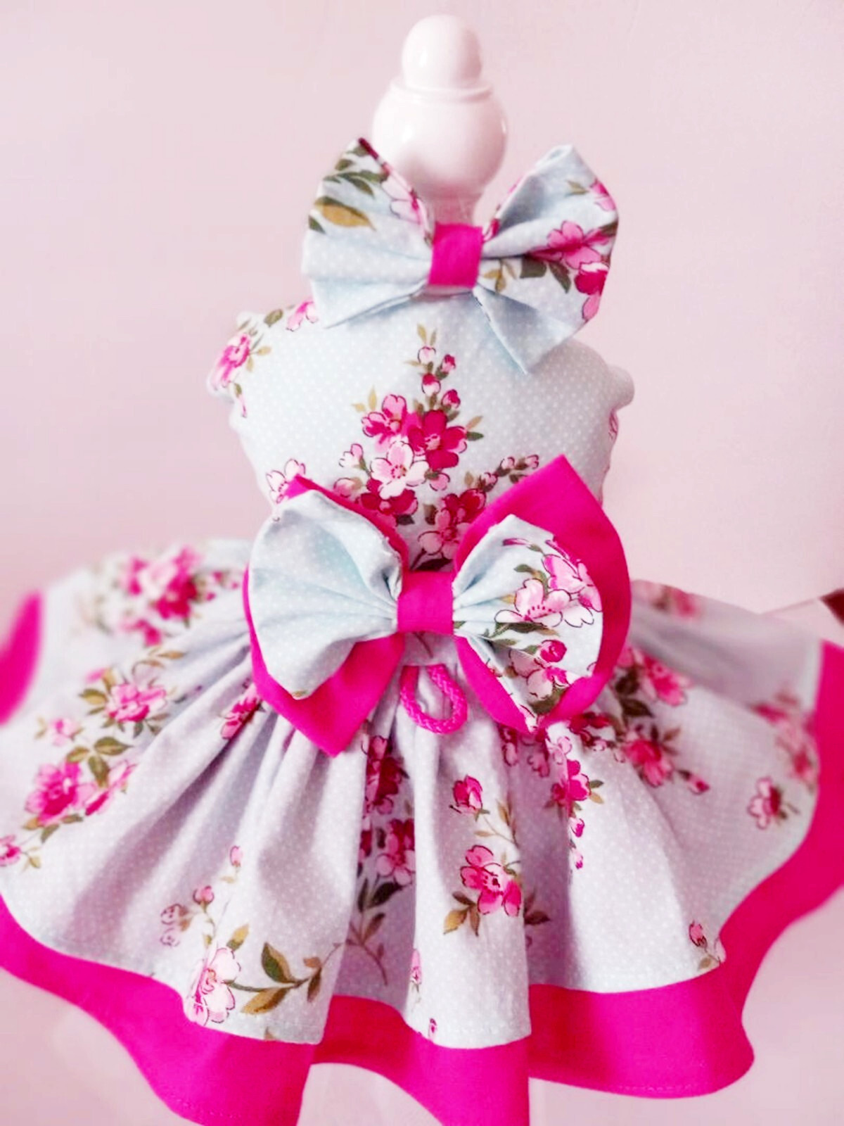 DOG HARNESS DRESS PINK & BLUEISH GREEN  flowers   NEW HANDMADE  FREE SHIPPING