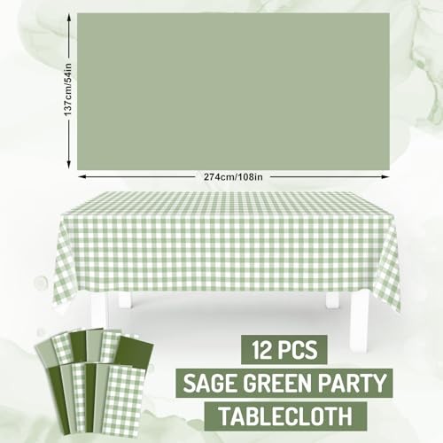 12 Pcs Sage Green Tablecloths Plastic Table Cover Plaid Rectangle Disposable