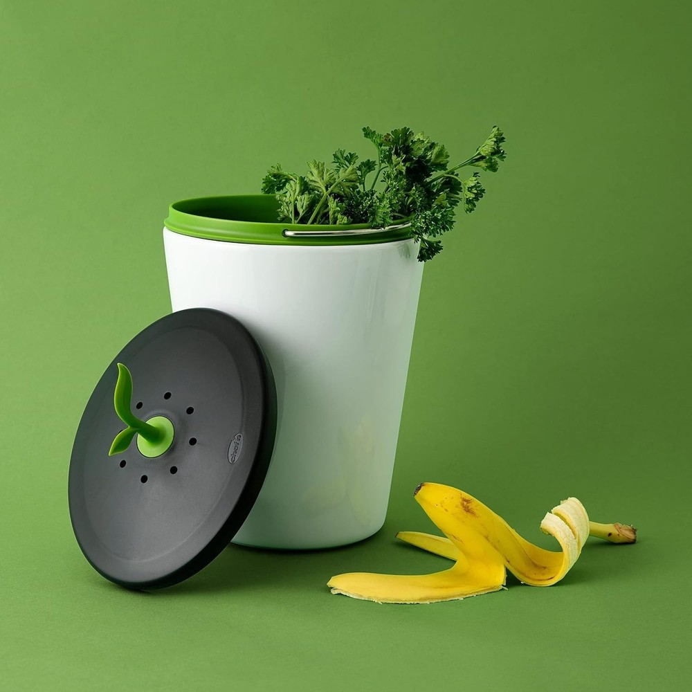 Counter Compost Bin Ceramic 3L Vented Lid Odor Absorbing Kitchen Eco