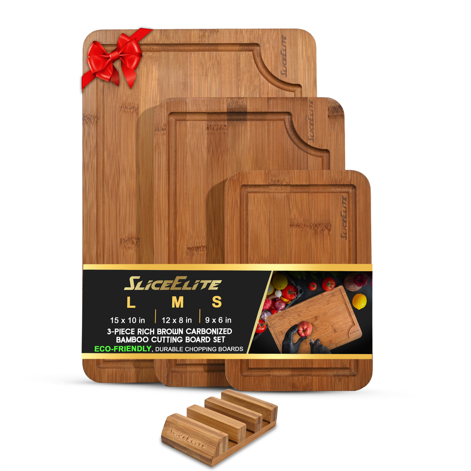 SliceElite Rich Brown Carbonized Bamboo Cutting Board Set 3 Piece with Stand