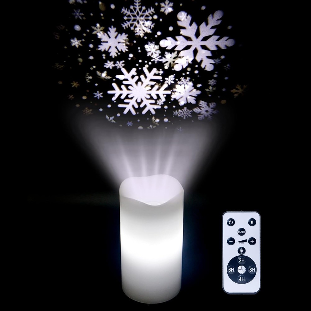 Flameless Candles with Snowflake Projector Lights Remote and Timer