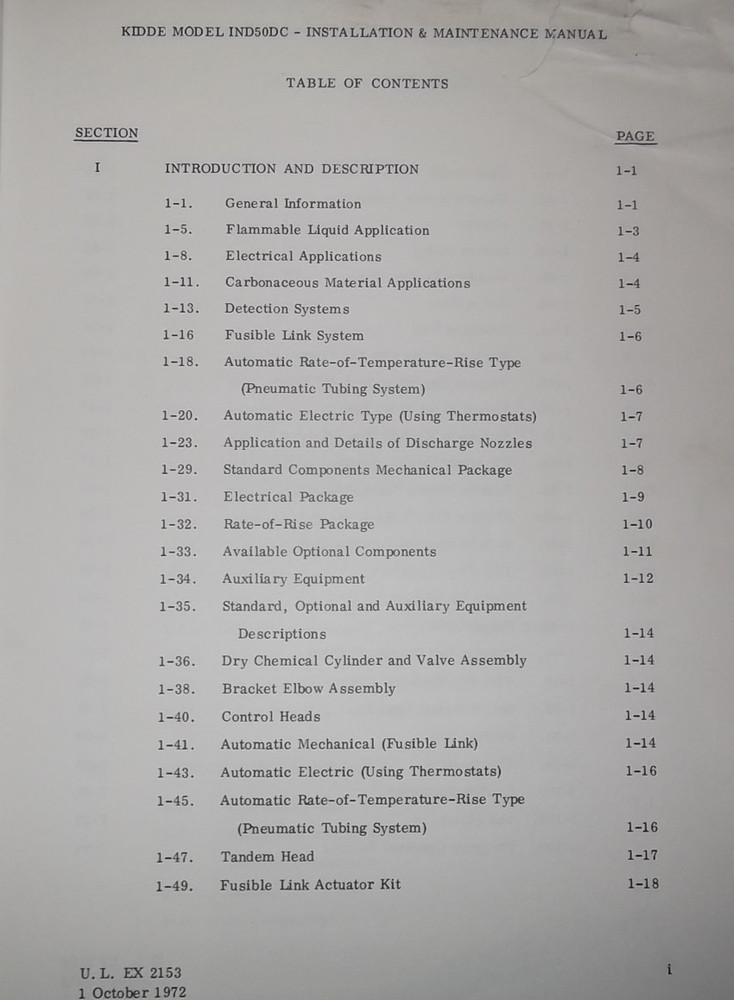 KIDDE SENTINEL IND-50C OPERATION MAINTENANCE & INSTRUCTION MANUAL BOOK