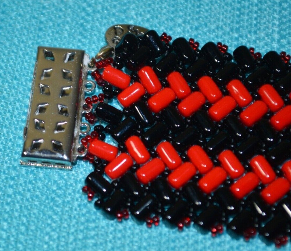Red & Black Chevron Pattern Handmade Beaded Cuff Bracelet