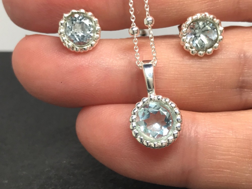 Blue topaz round pendant stud earrings set solid Sterling silver satellite chain