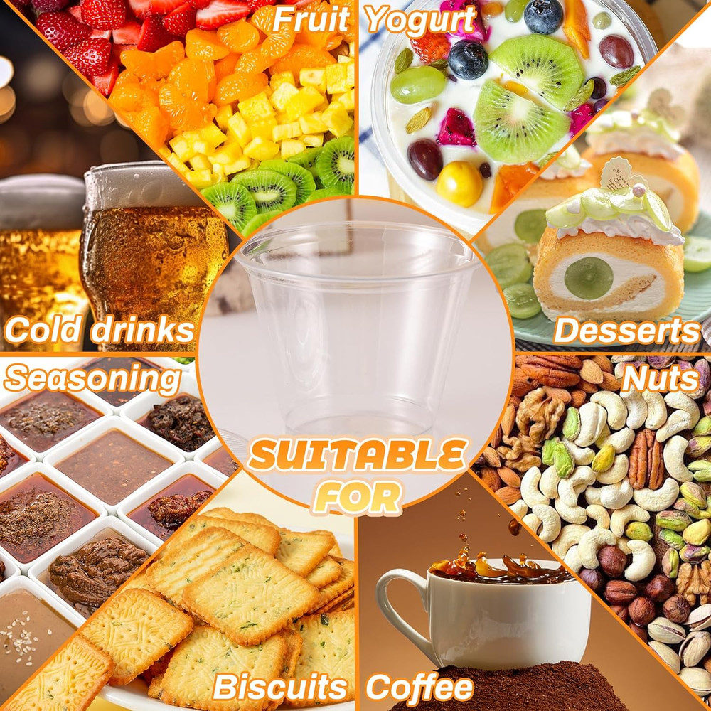 100 Pcs 8 OZ Disposable Plastic Cups with Flat Lids,Clear Portion Cups with Flat