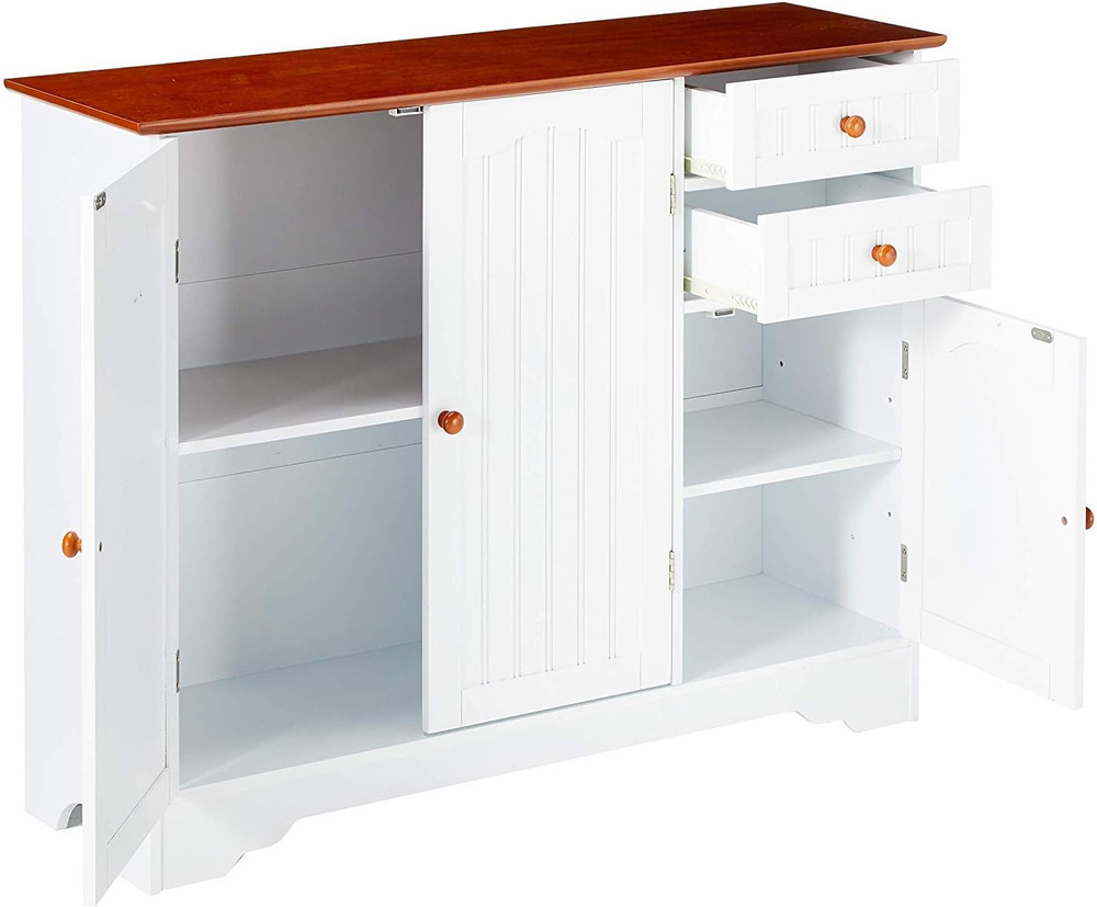 Elegant White/Walnut Kitchen Pantry Sideboard Buffet Storage Cabinet