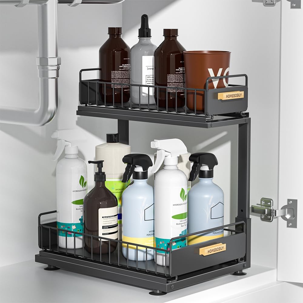 Under Sink Organizer Kitchen, 2 Tier Double Layer, Black