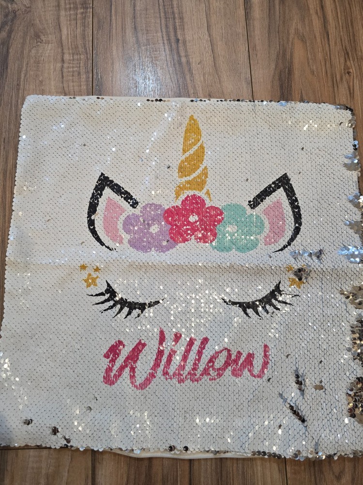 sequin unicorn pillowcase with the name Willow
