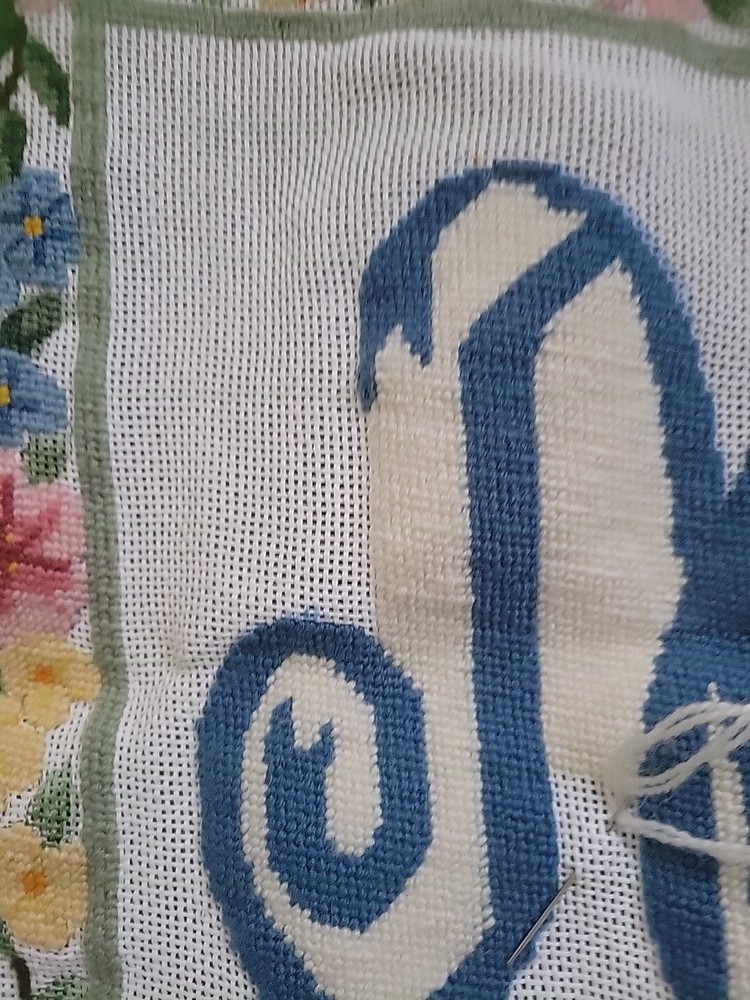 Initial M partially Complete Needlepoint Canvas 16" Pillow Size