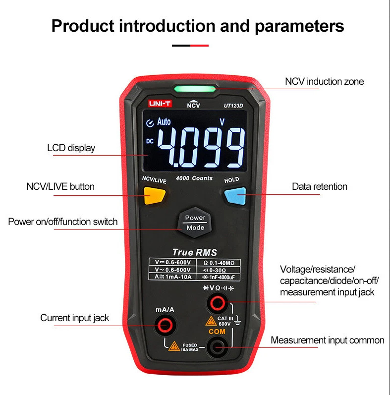 UT123D True RMS NCV DC AC Ohm Cap Live Wire Test Smart Digital Multimeter Tool