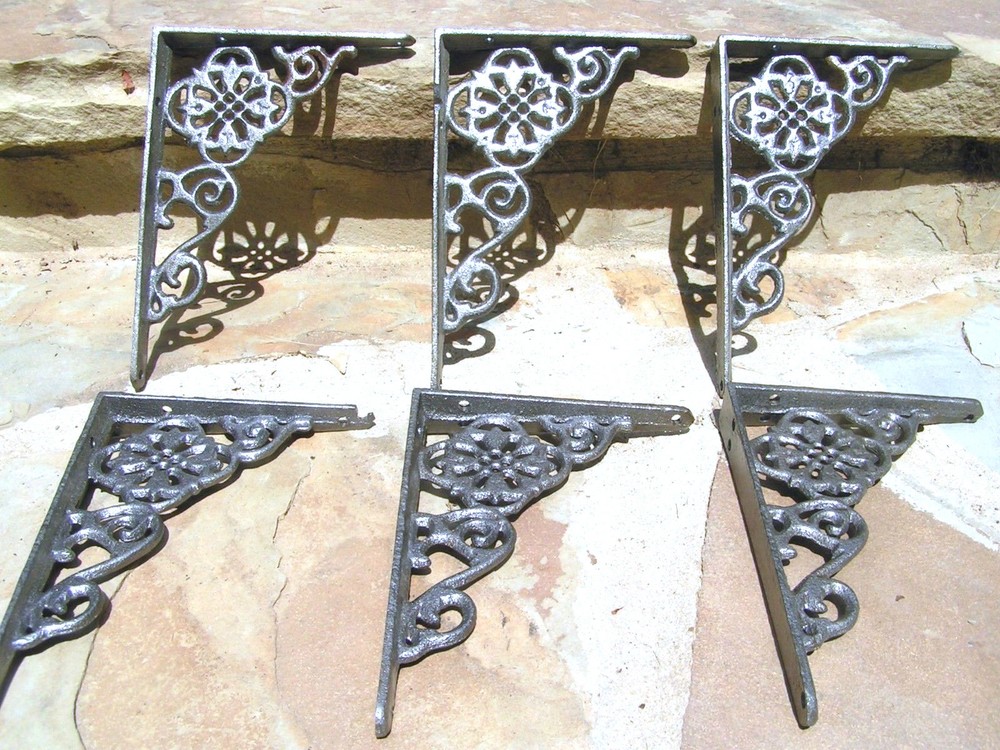SIX Cast Iron Wall Shelf Brackets, small braces, corbels, Gray