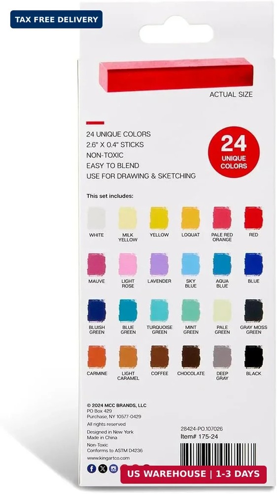 KINGART Pastels Studio Colored Square Chalk 24 Piece, (175-24)