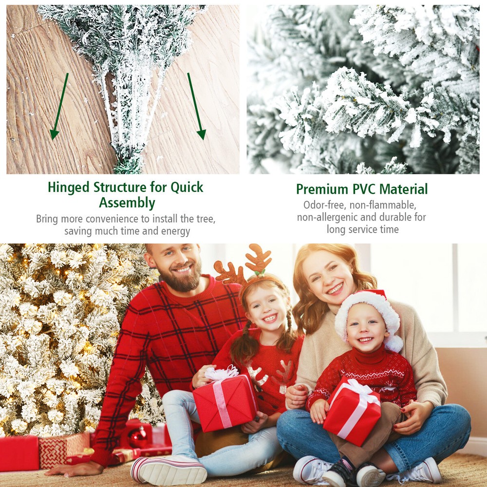 Topbuy Snow Flocked Christmas Tree Hinged Pine Tree with Solid Metal Stand