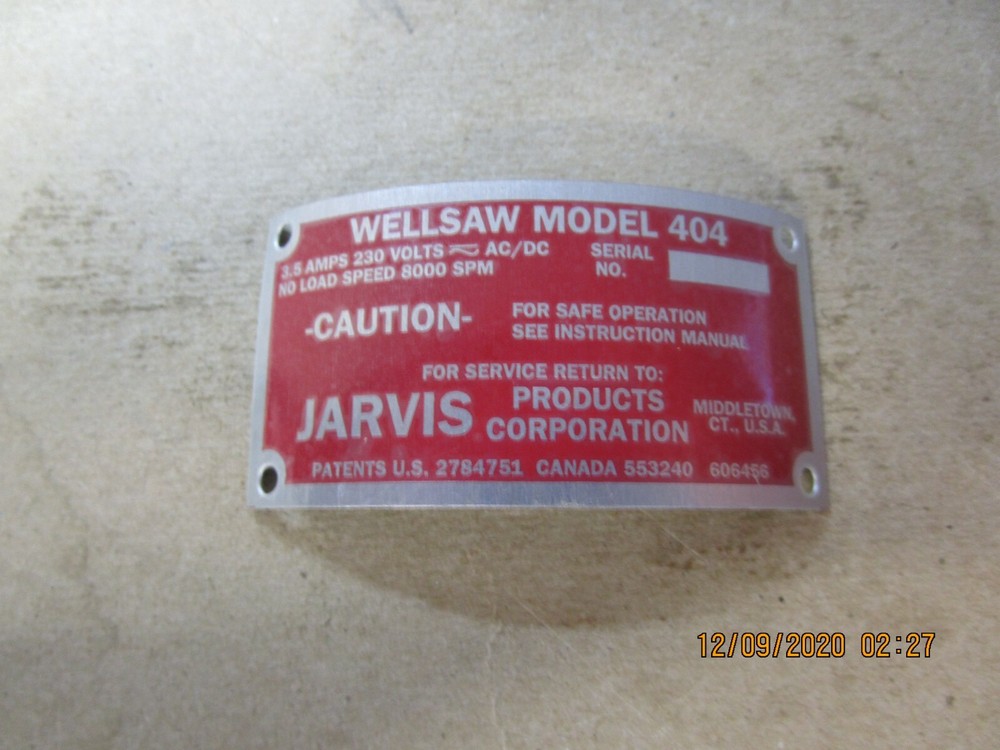 WELLSAW 404 IDENTIFICATION PLATE 230V OEM# 1017034
