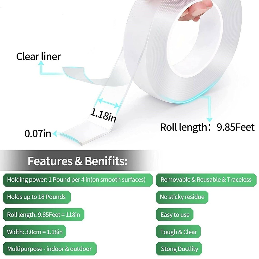 2 Rolls Multipurpose Removable Double-Sided Clear Mounting Tapes Heavy Duty
