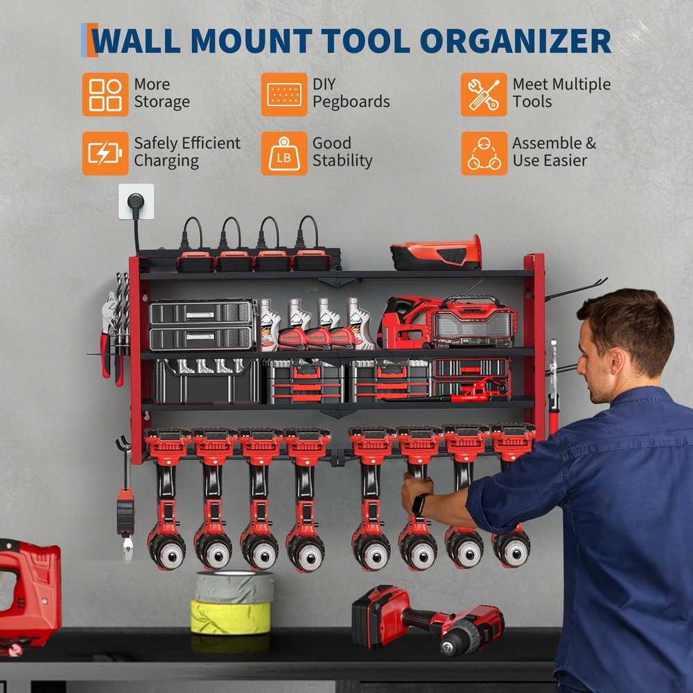 Power Tool Organizer 4-Layer 8 Drill Drill Holder Storage Wall Mount w/ Outlets