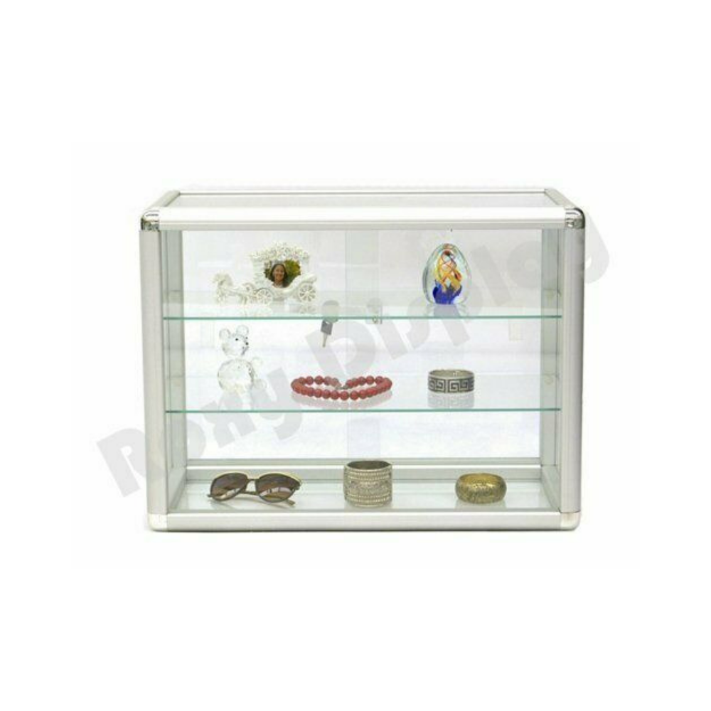 Aluminum Framed Tempered Glass Counter Top Display Case with Shelves and Lock