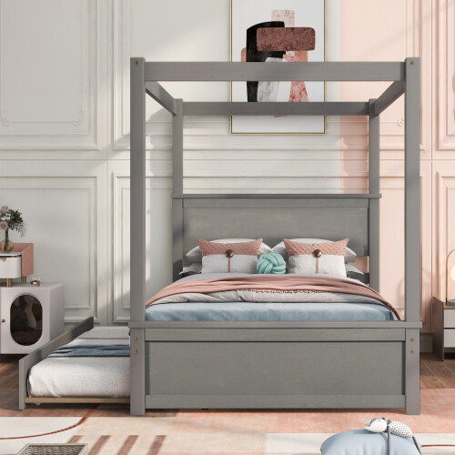 Canopy Bed Full Size Platform Bed with Trundle Wooden Bed Frames Daybed Sofa Bed
