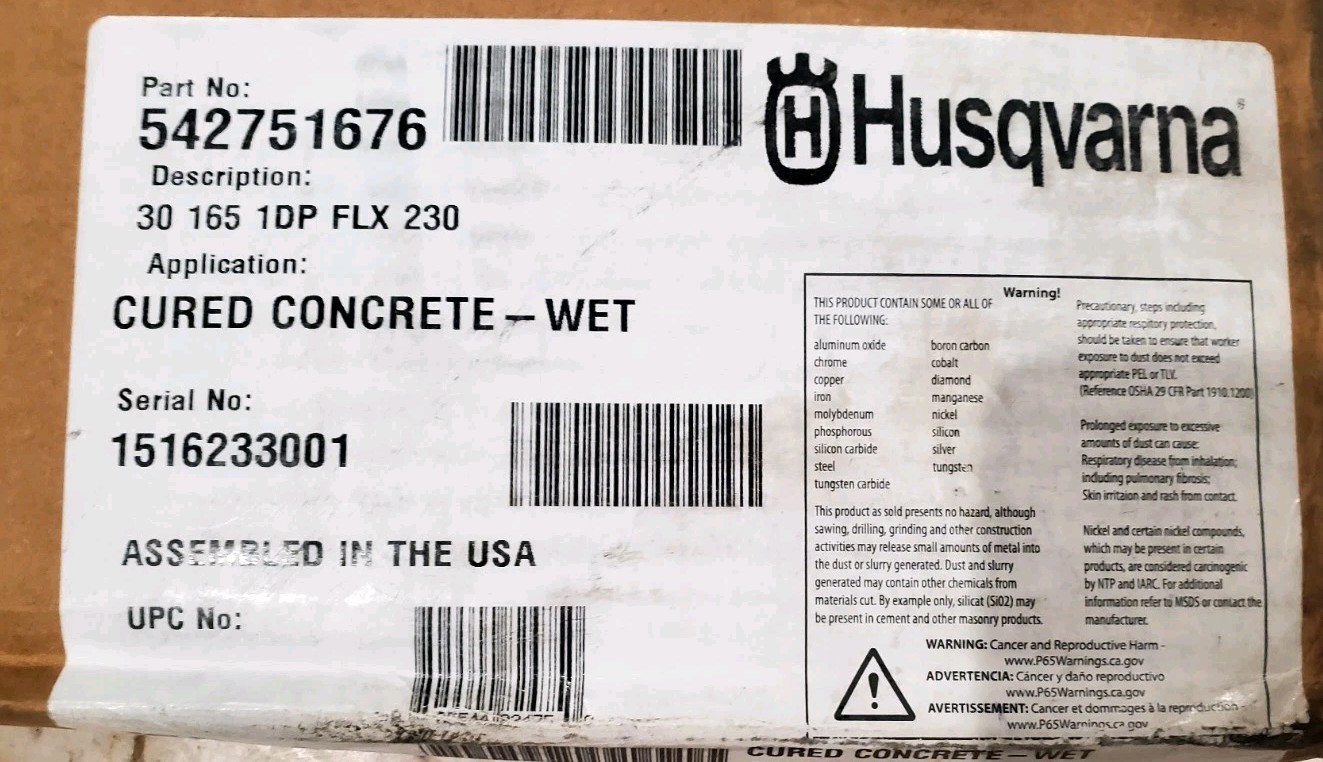 Husqvarna Saw 30" Blade,Cured Concrete-Wet,30 165 1DP FLX 230 Part # 542751676