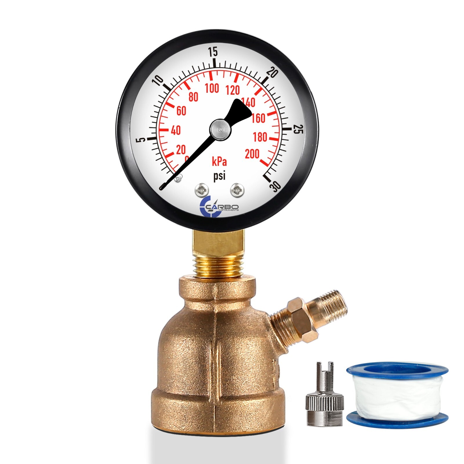 Gas Test Pressure Gauge 30 Pound, 30 PSI/200 kPa 3/4” FNPT Brass Bell Shape Body
