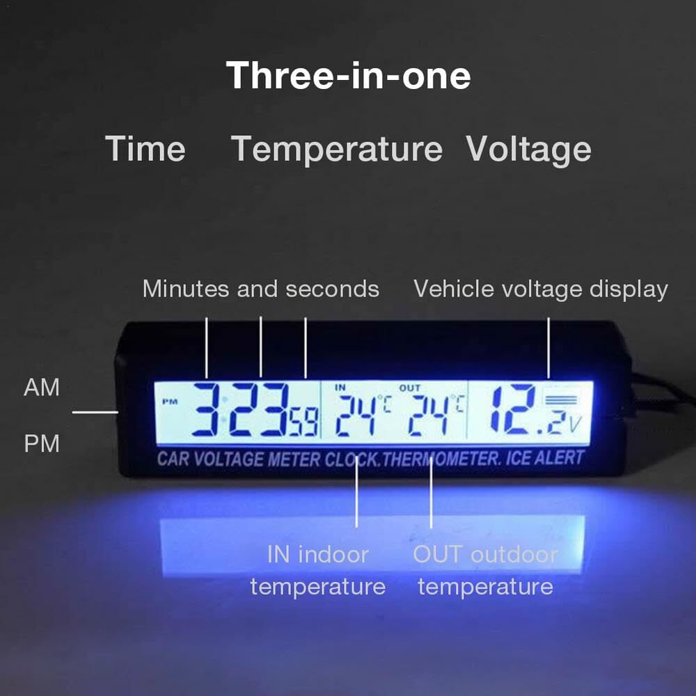 Car 3-in-1 Digital LCD Display Clock Voltmeter Thermometer Voltage Temperature