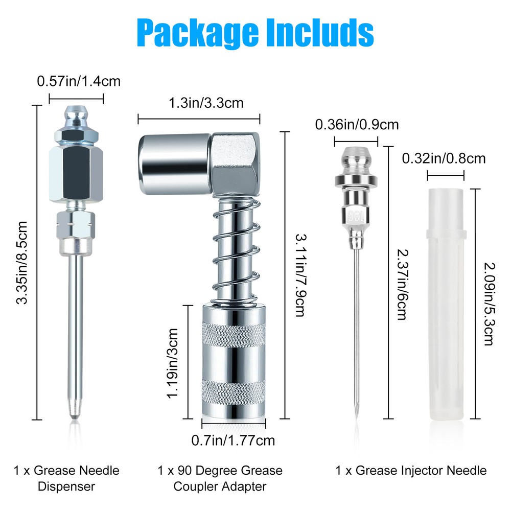 90 Degree Grease Gun Coupler & Needle Dispenser & Injection Needle Tips with Cap