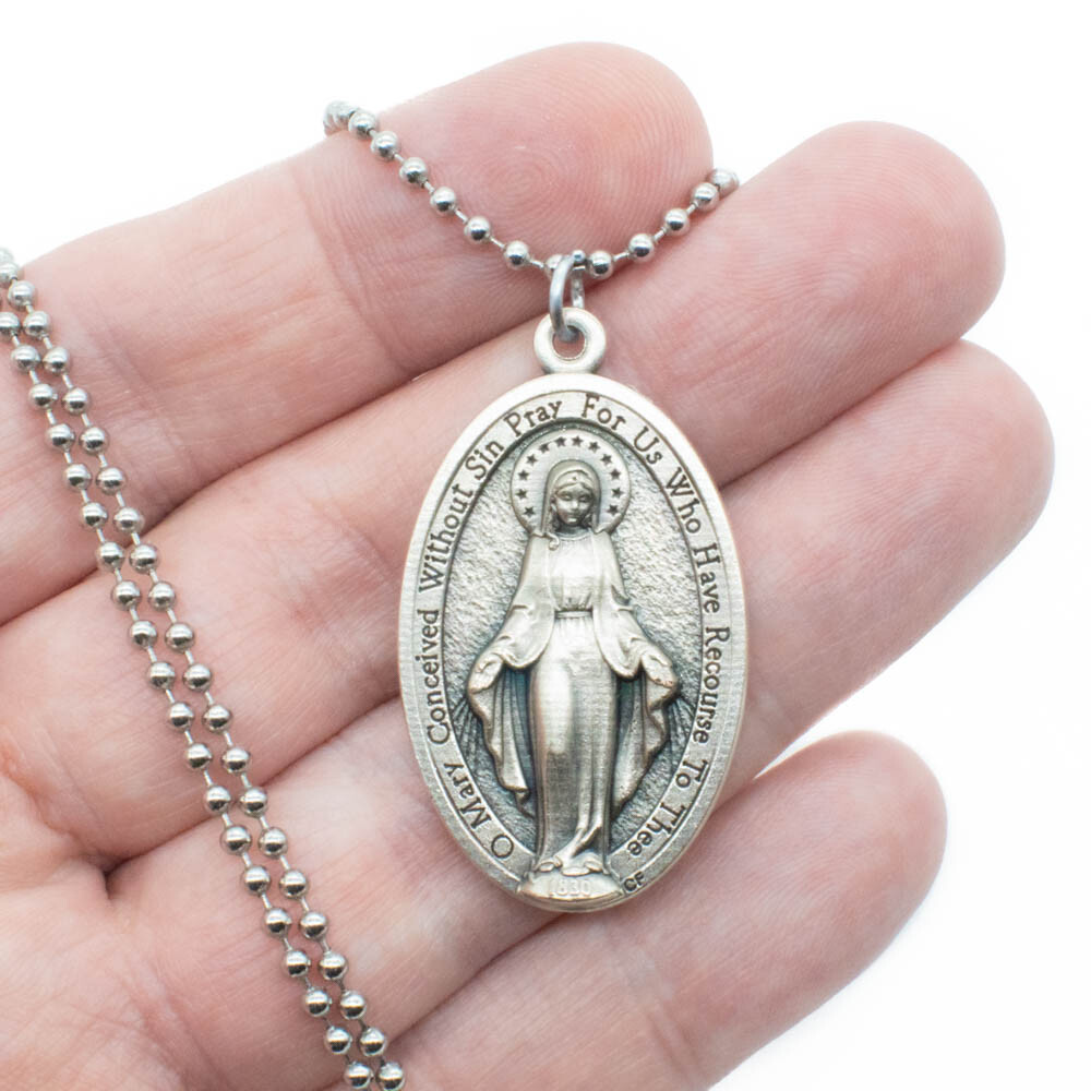 Extra Large 1-3/4" Miraculous Medal Virgin Mary Pendant Necklace Italy 24" Chain