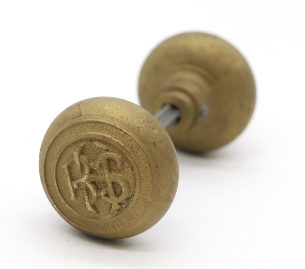 Pair of Antique BHS Emblematic Brass Door Knobs