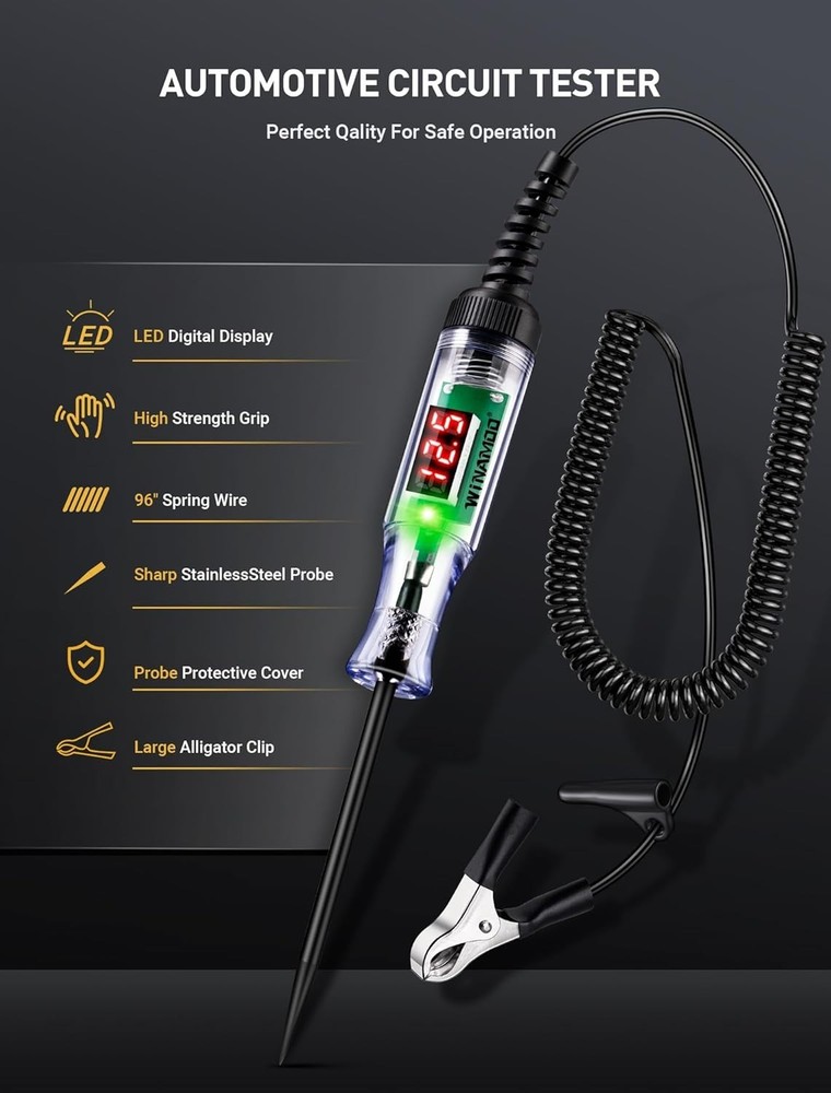 Precision Auto Circuit Tester with LED Voltage Display & Alligator Clip - 3-48V