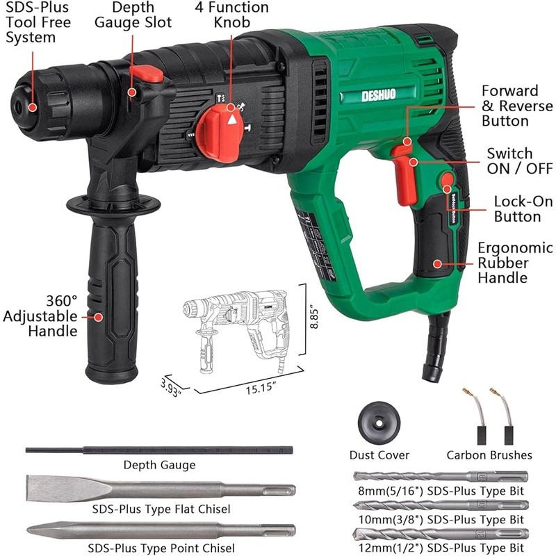 SDS-Plus Rotary Hammer Drill 9A Corded 4 Functions W/ Bits Chisels Case New