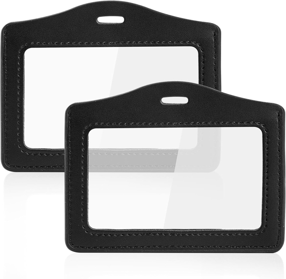 2 Pack Genuine Leather ID Badge Holders, Horizontal ID Card Holders with Single-