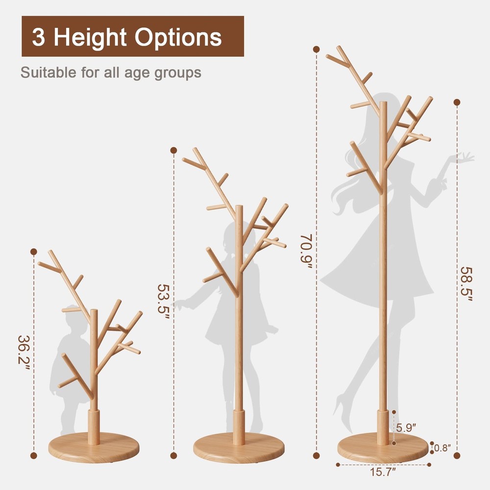 Coat Rack,Solid Wood Coat Rack Freestanding with 12 Hooks,Coat tree freestand...