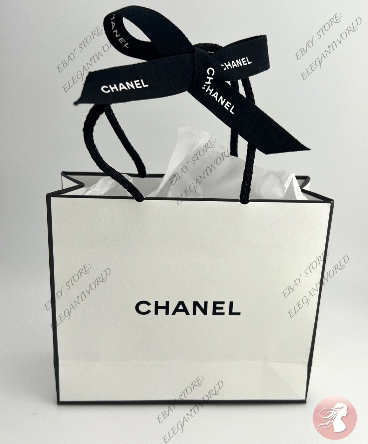 Chanel Small Empty Gift Bag White Paper Classic Black Logo L 5.5 x H 4.5 x D 2"