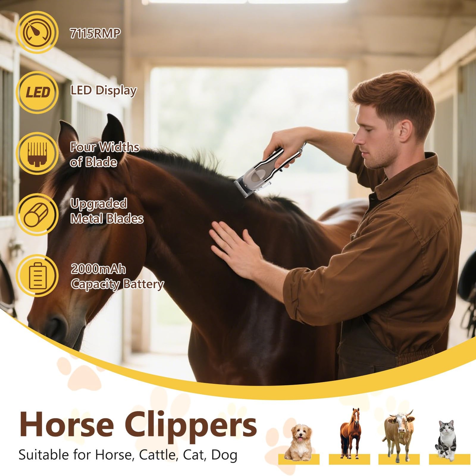 Horse Clippers, Rechargeable Cordless Horse Body Clippers, with 4 Detachable ...