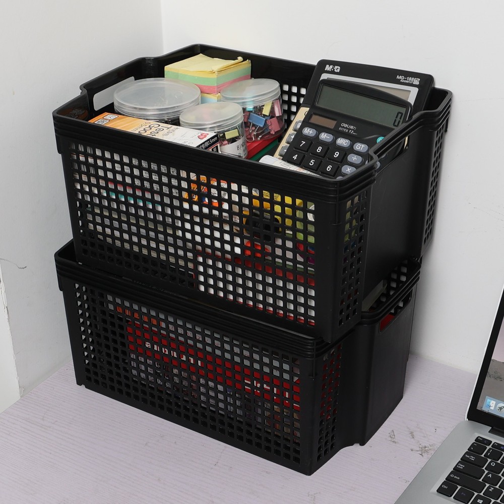 Aninhao 12 Pack Stackable Storage Baskets, Large Plastic Organizer Baskets Black