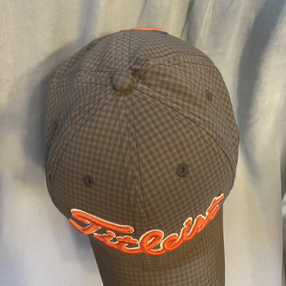Titleist hat golf cap adjustable gray plaid checked raised orange embroidered