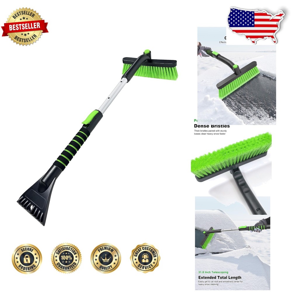 Extendable Snow Brush Ice Scraper Car Windshield Green Rotatable Foam Grip