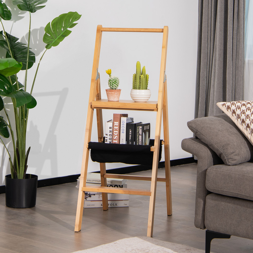 3-Step Ladder Foldable Bamboo Step Stool with Wide Pedal & Storage Bag Natural