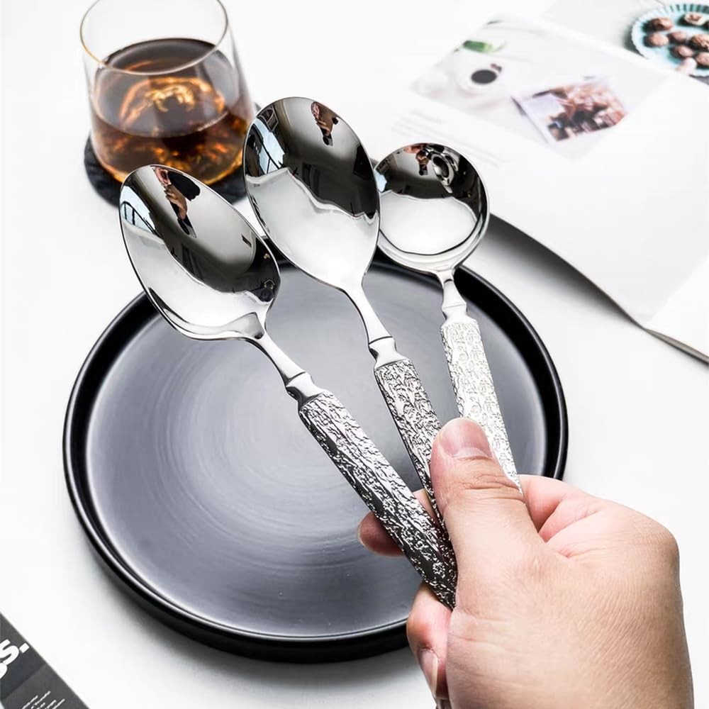 Thickened Stainless Steel Dinner Spoons with Hammered Edge,Serving Spoon Set,...