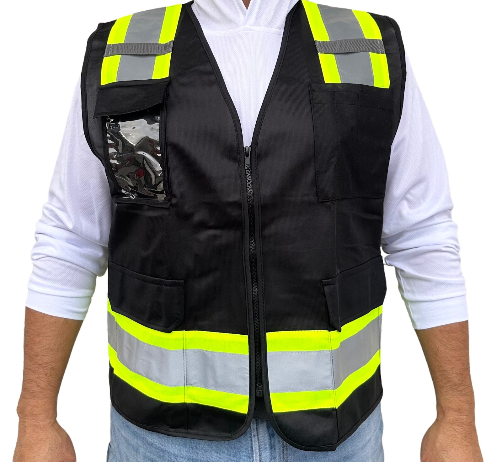 Surveyor Solid Black Two Tones Safety Vest ,With Multi-Pocket Tool/ Photo ID