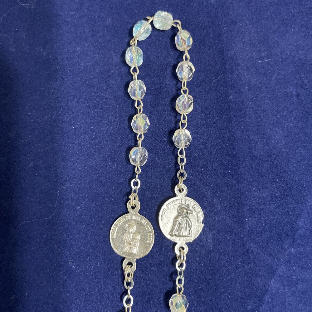 Crucifix Bead Necklace 20" Long Silver Tone w/Light Blue Beads