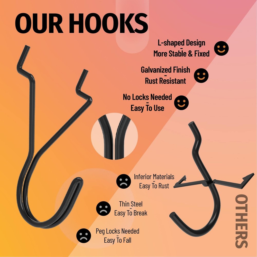40 Pack Pegboard Hooks J-Hook – 1 Inch Black J Hooks for Pegboard – Heavy Dut...