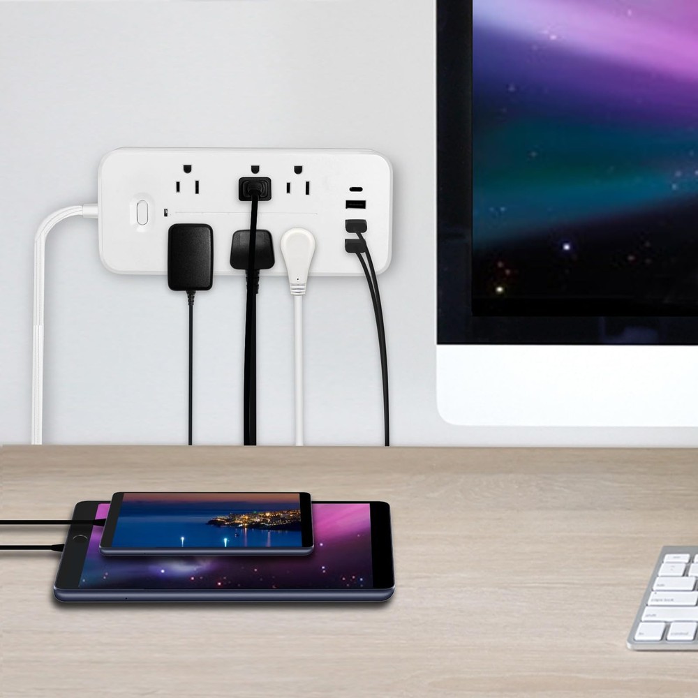 Power Bars Surge Protector 6 Outlets 4 USB Flat Plug Extension Cord Wall Mount