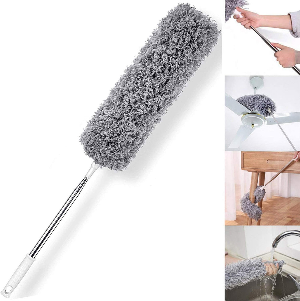 Microfiber Feather Duster Extendable Pole 30-100in Bendable Head Gray Washable
