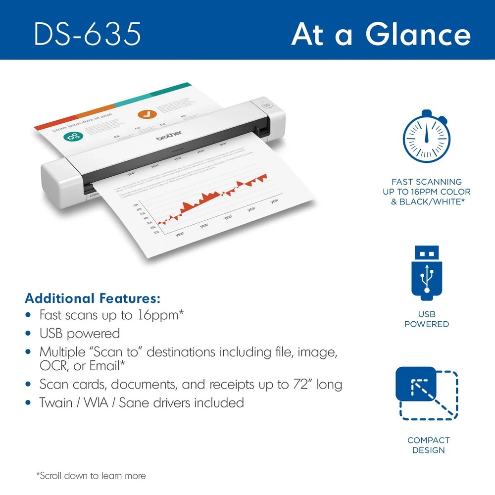 Brother Portable DS-635 Monochrome/Color Compact Mobile Document Scanner