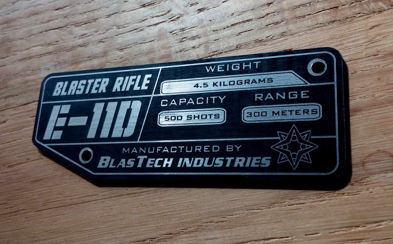 CUSTOM E-11D BLASTER RIFLE SPECIFICATIONS DATA PLATE STAR WARS DEATH TROOPER