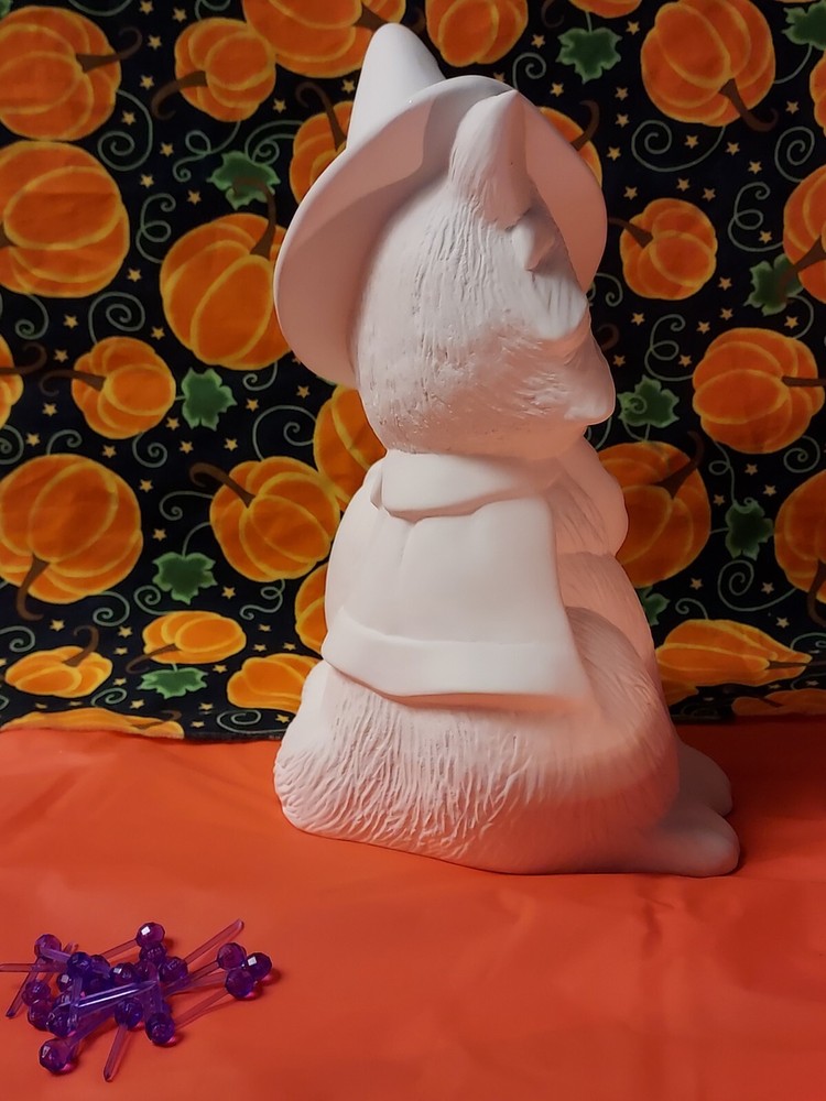 Ceramic Bisque ~ Ready to paint~ Cat Wearing Witch Hat with Pumpkin & light kit