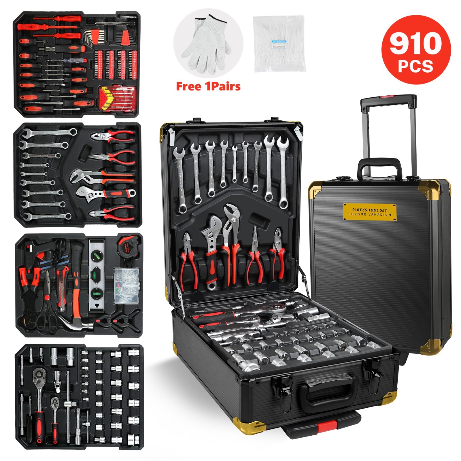 Tool Set Mechanics Tool Kit 910 PCS Wrenches Socket with Trolley Case Box Silver
