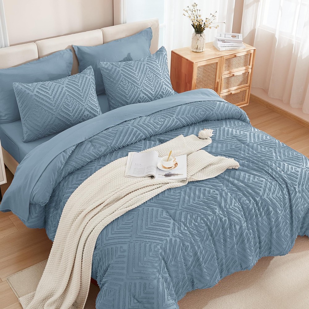 Andency Queen Size Comforter Set 7 Piece (90"x90"), Grayish Blue